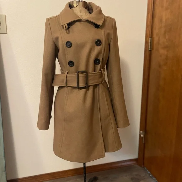 Wool Blend Tan Double-Breasted Coat - Picture 2 of 16